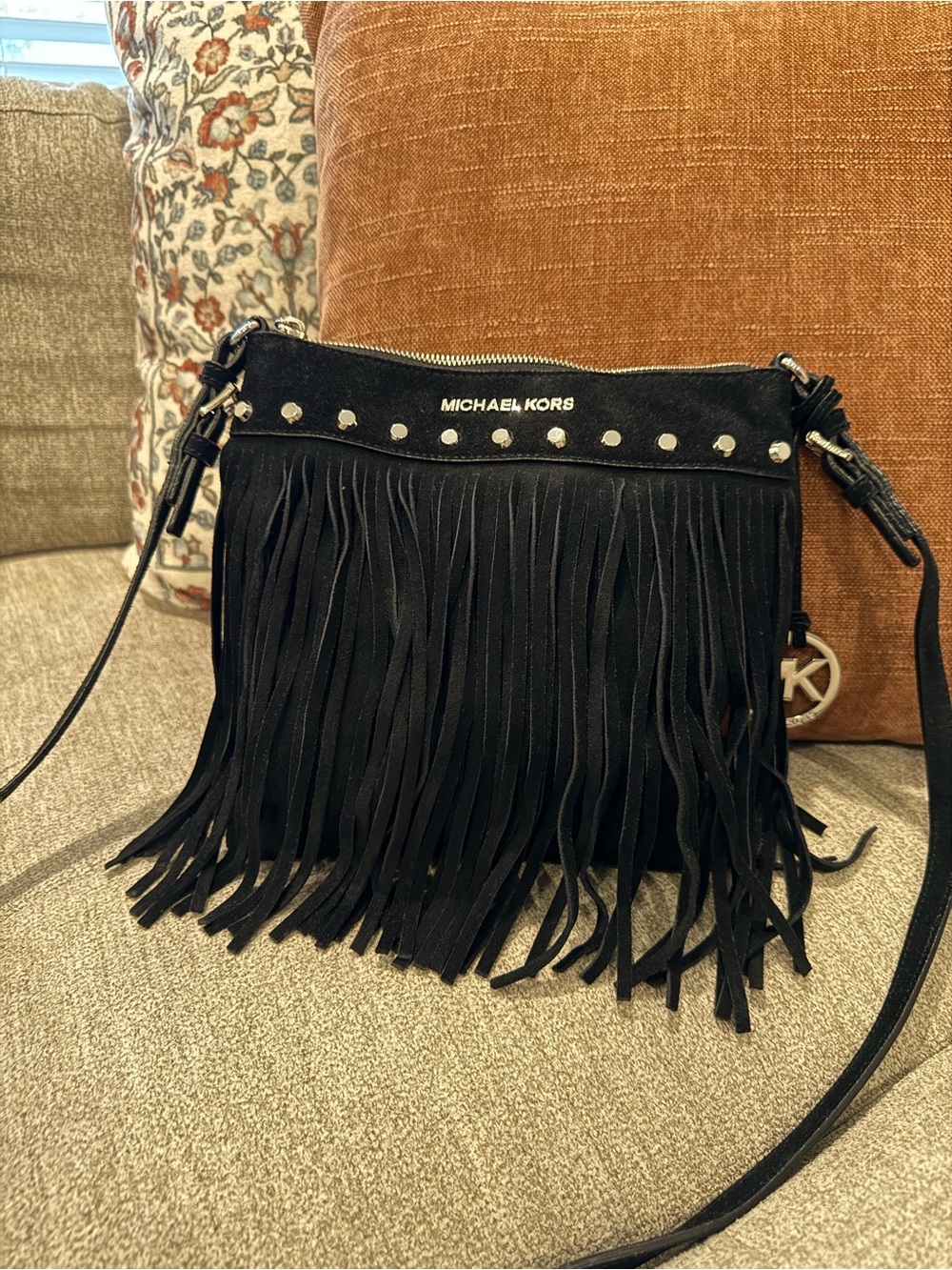Michael Kors Black Suede Fringe Studded Crossbody Bag Silver MK Charm